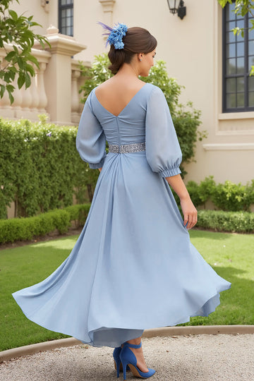 Dusty Blue A Line 3/4 Sleeve Chiffon Wedding Guest Dress with Beading